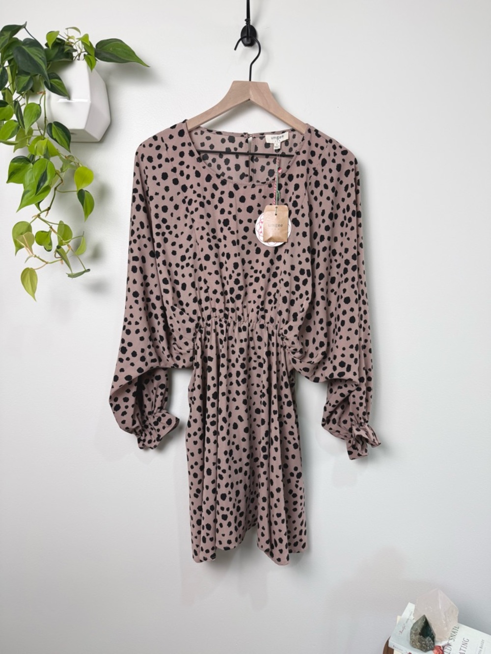 Umgee Dress Taupe Black Polka Dot Long Sleeve Mini Boho Elastic Waist NWT S